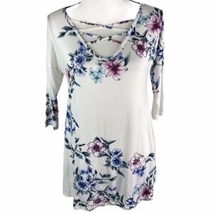 Mai Soli Top Criss Cross Chest Floral Print Tunic Top Three Quarter Sleeve